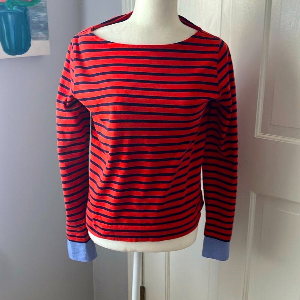J Crew red & blue boat neck striped cuffed heavy cotton top S